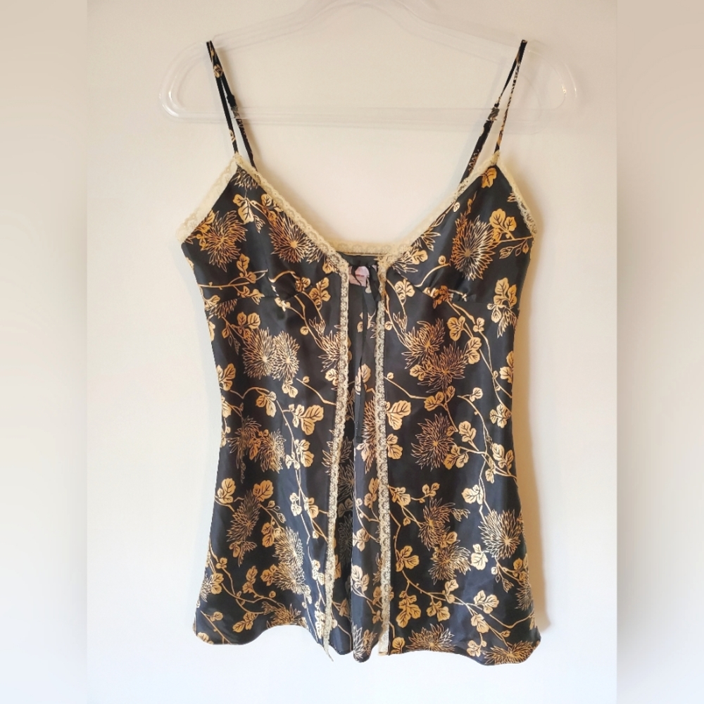 Victoria's Secret Negligee Black Tan Floral with Lace Open Front Ribbon Tie